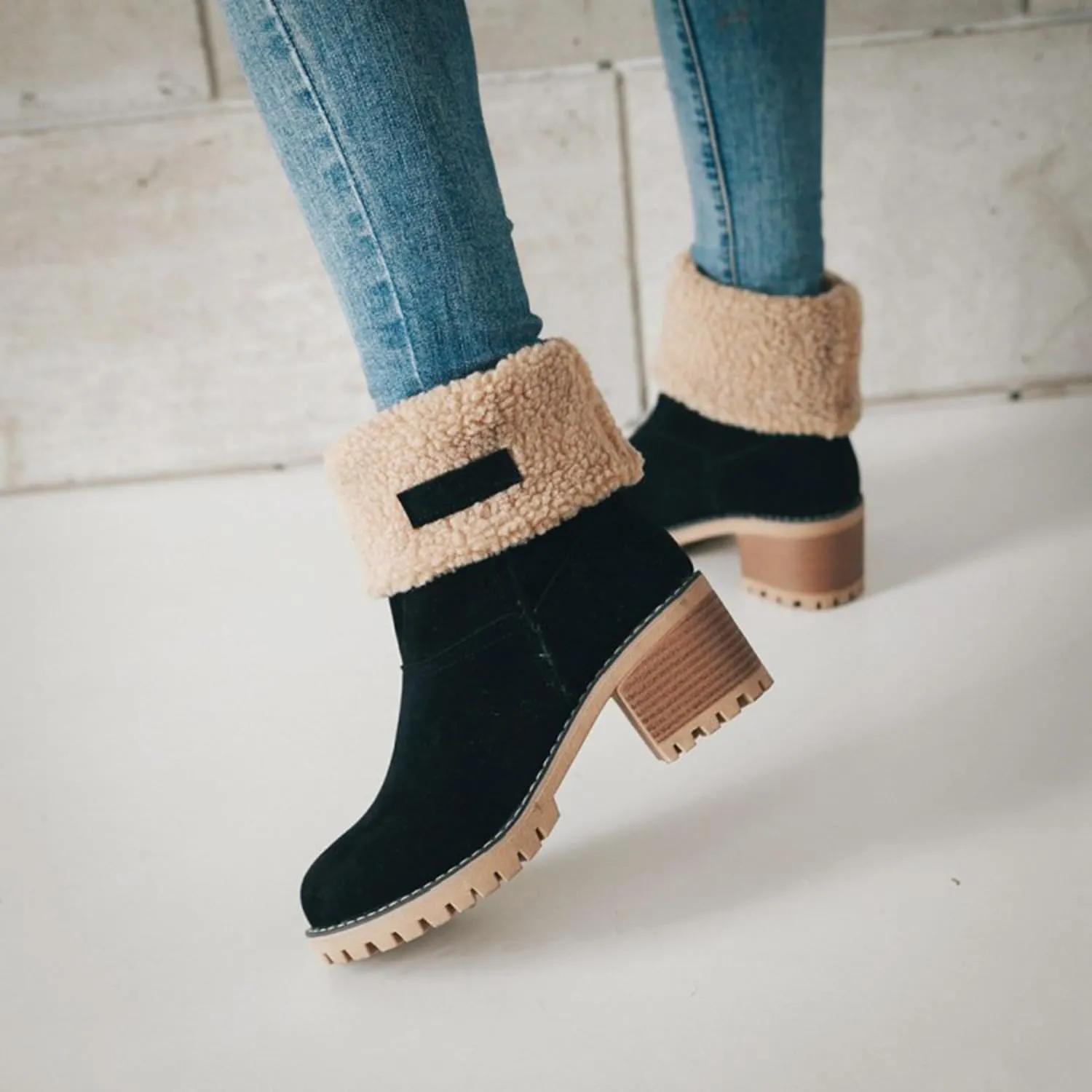 Women Cute Warm Short Boots Women's Winter Snow Fleece Suede Chunky Mid Heel Round Toe Ankle Booties
