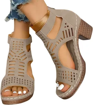Women Platform Chunky Heel Sandals Peep Toe Cutout Buckle Ankle Strap Block High Heels High Heeled Platform Dressy Sandals