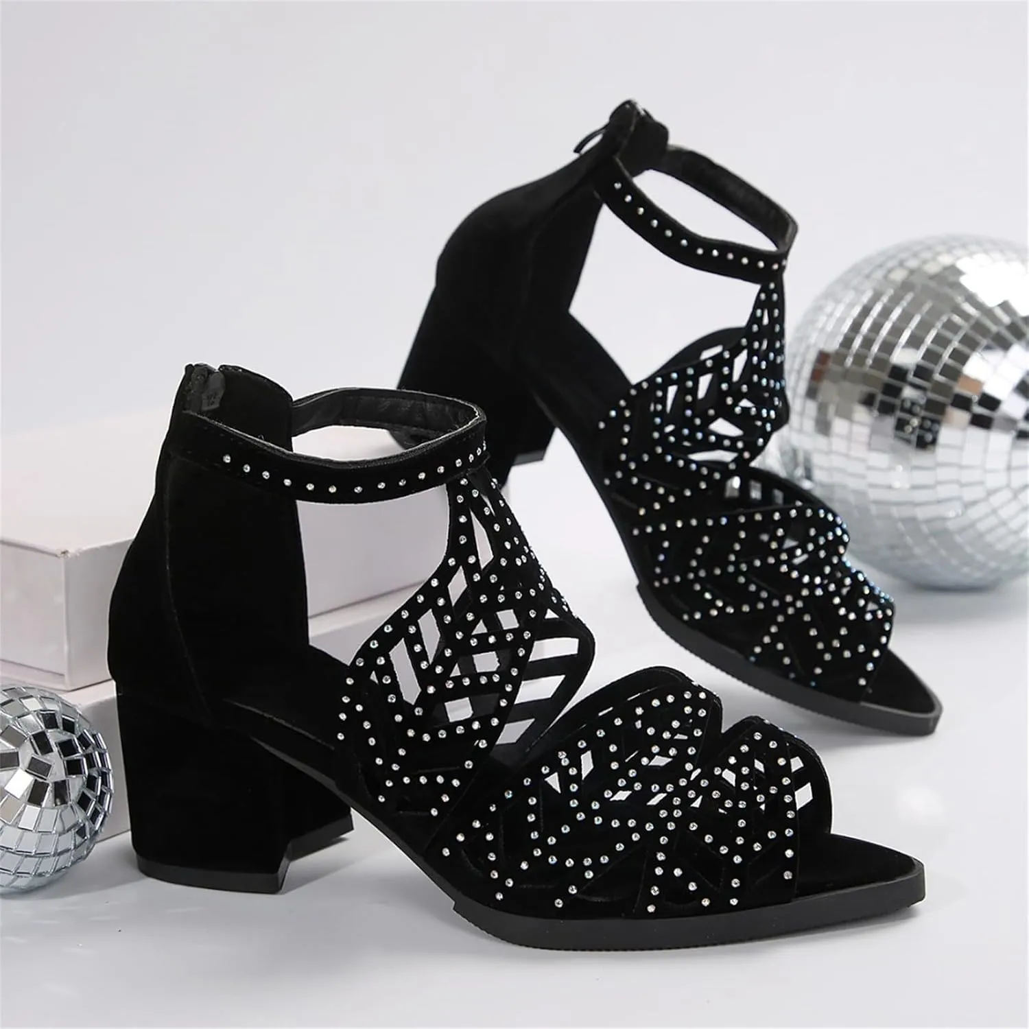 Women Rhinestone Block Heel Sandals Cutout Zipper Chunky Heel Sandals Peep Toe Rome Shiny High Heels Party Bride Work Fashion Shoes
