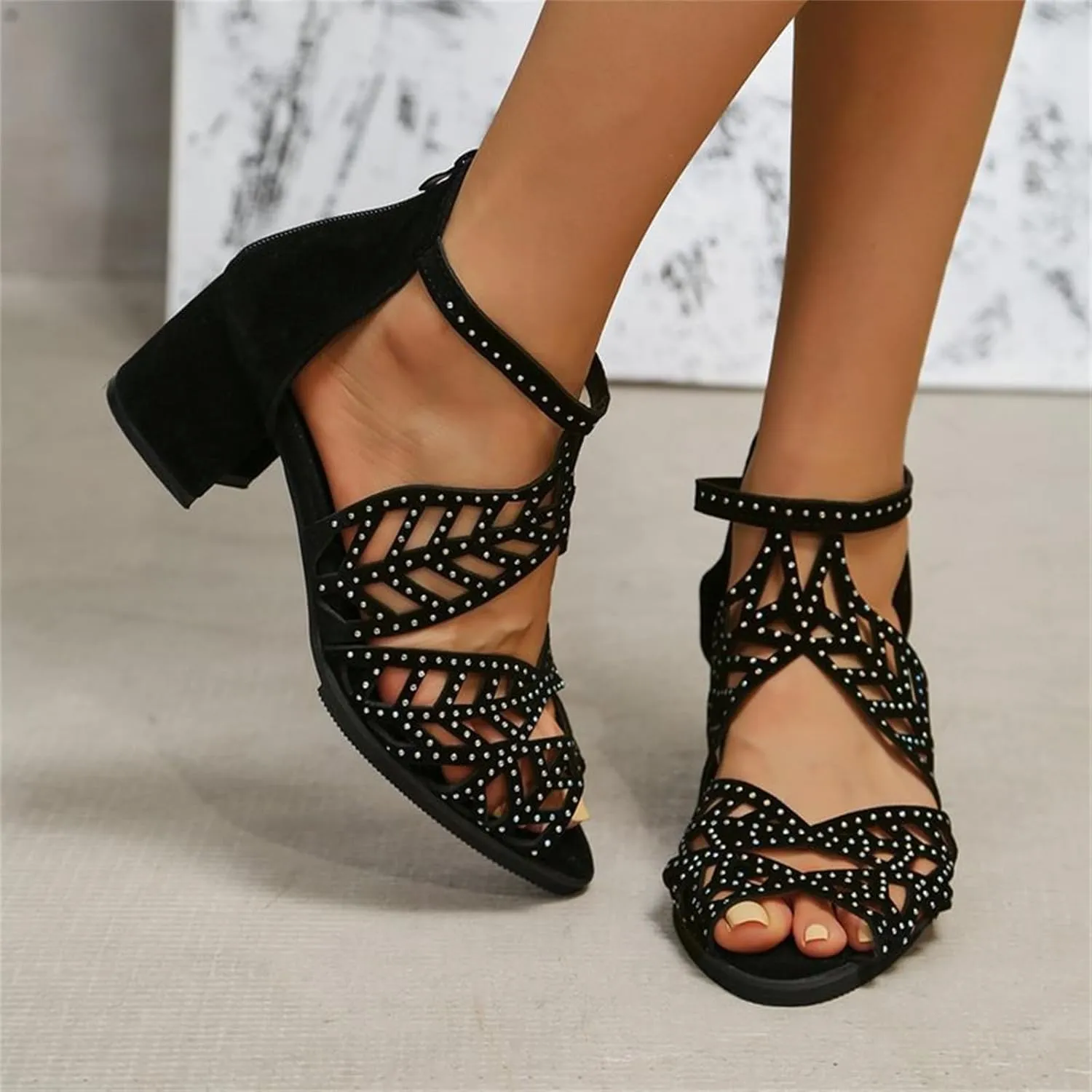 Women Rhinestone Block Heel Sandals Cutout Zipper Chunky Heel Sandals Peep Toe Rome Shiny High Heels Party Bride Work Fashion Shoes