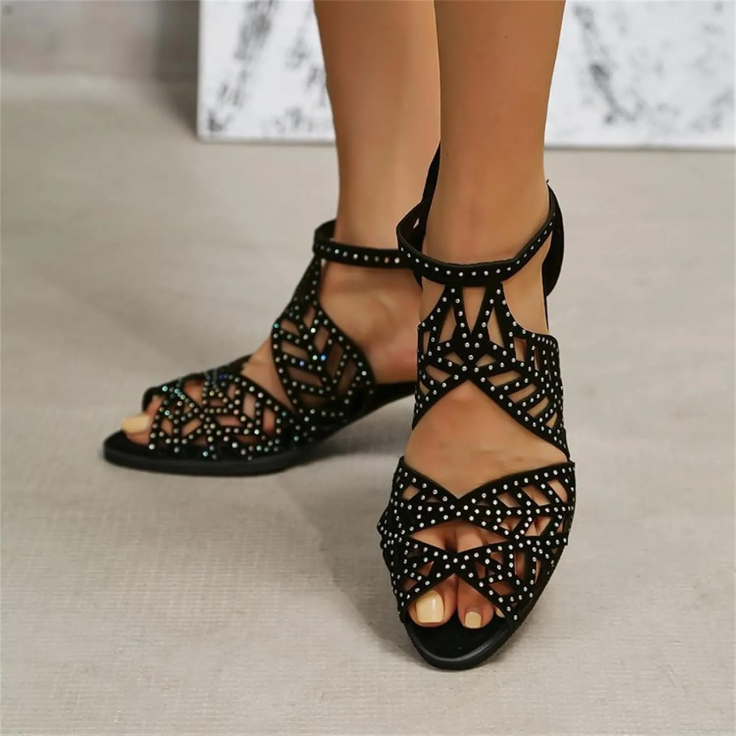 Women Rhinestone Block Heel Sandals Cutout Zipper Chunky Heel Sandals Peep Toe Rome Shiny High Heels Party Bride Work Fashion Shoes