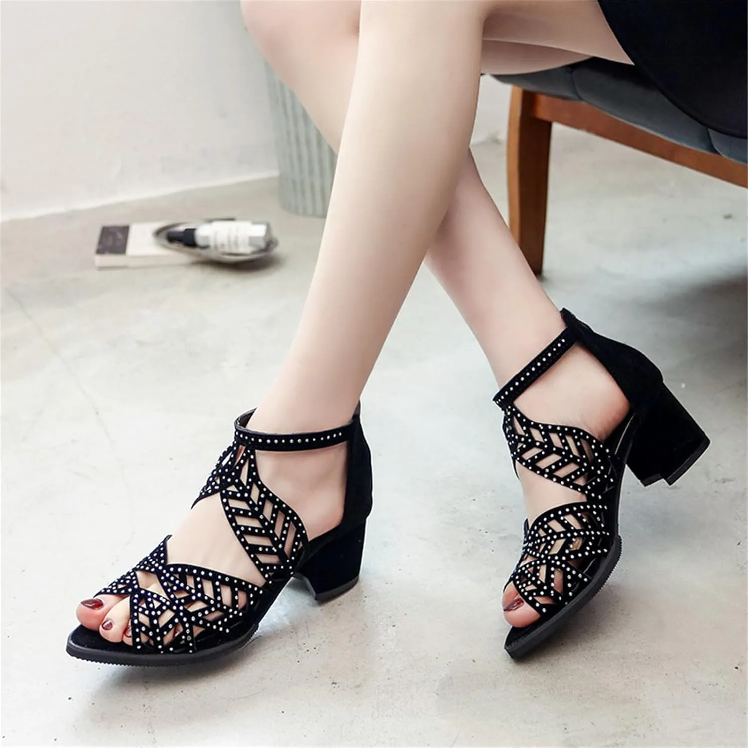 Women Rhinestone Block Heel Sandals Cutout Zipper Chunky Heel Sandals Peep Toe Rome Shiny High Heels Party Bride Work Fashion Shoes