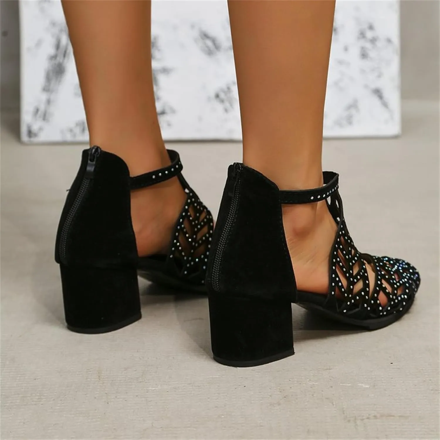 Women Rhinestone Block Heel Sandals Cutout Zipper Chunky Heel Sandals Peep Toe Rome Shiny High Heels Party Bride Work Fashion Shoes