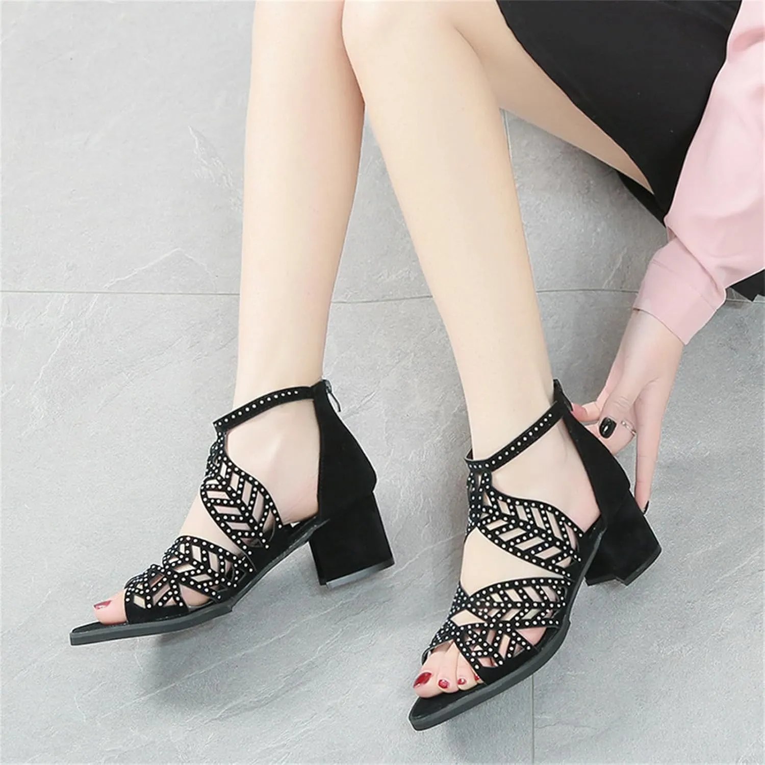 Women Rhinestone Block Heel Sandals Cutout Zipper Chunky Heel Sandals Peep Toe Rome Shiny High Heels Party Bride Work Fashion Shoes