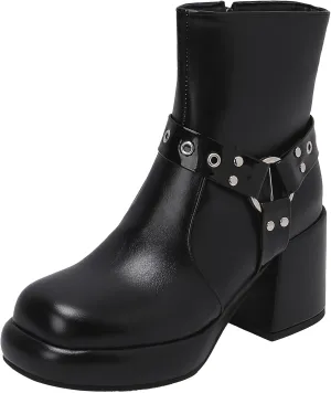 Women's Chunky Heel Boots Platform Ankle Boots Zipper Round Toe Combat Boots