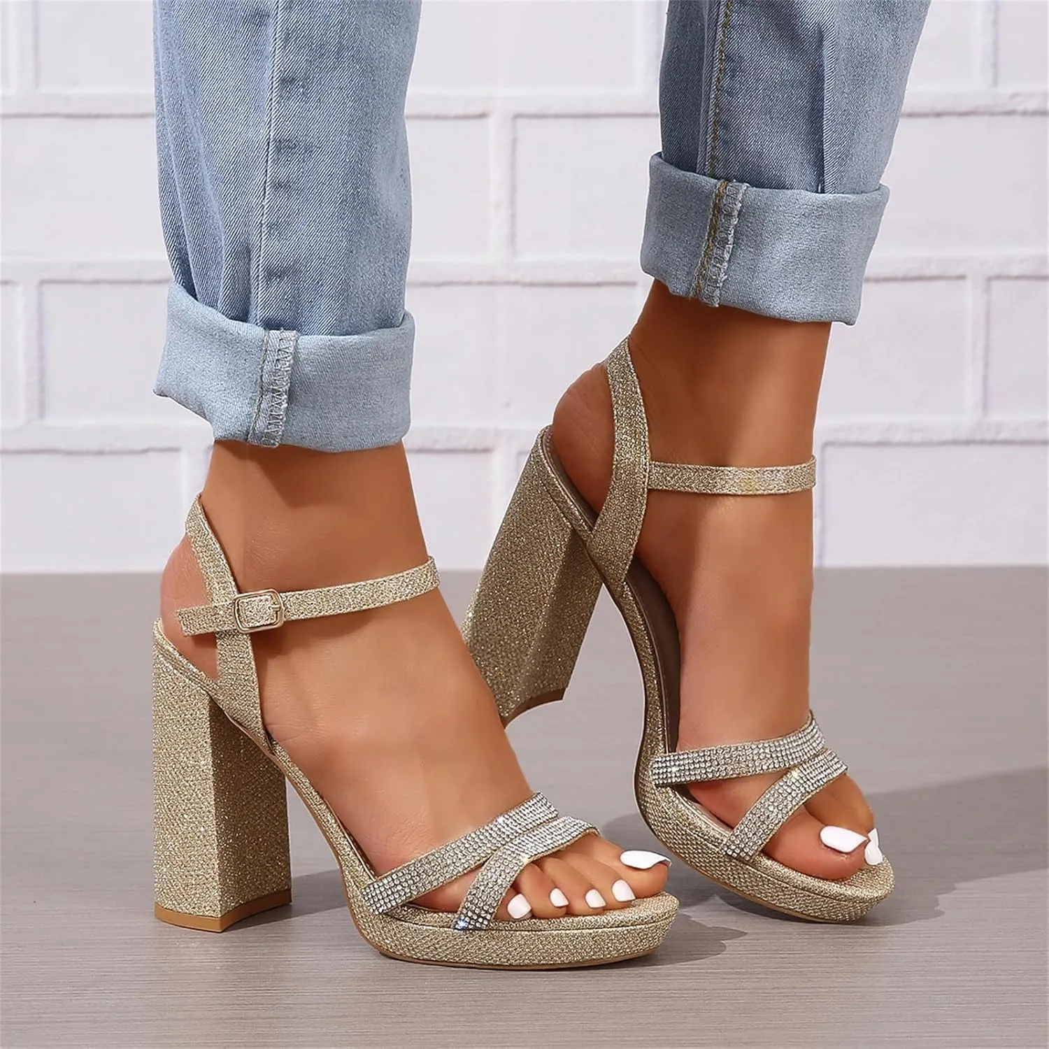 Women's Chunky High Heel Sandal Ankle Strappy Open Toe Dress Shoes Bridesmaid Ladies in Wedding Bridal Evening Homecoming Prom Rhinestones Chunky Heels Sandals