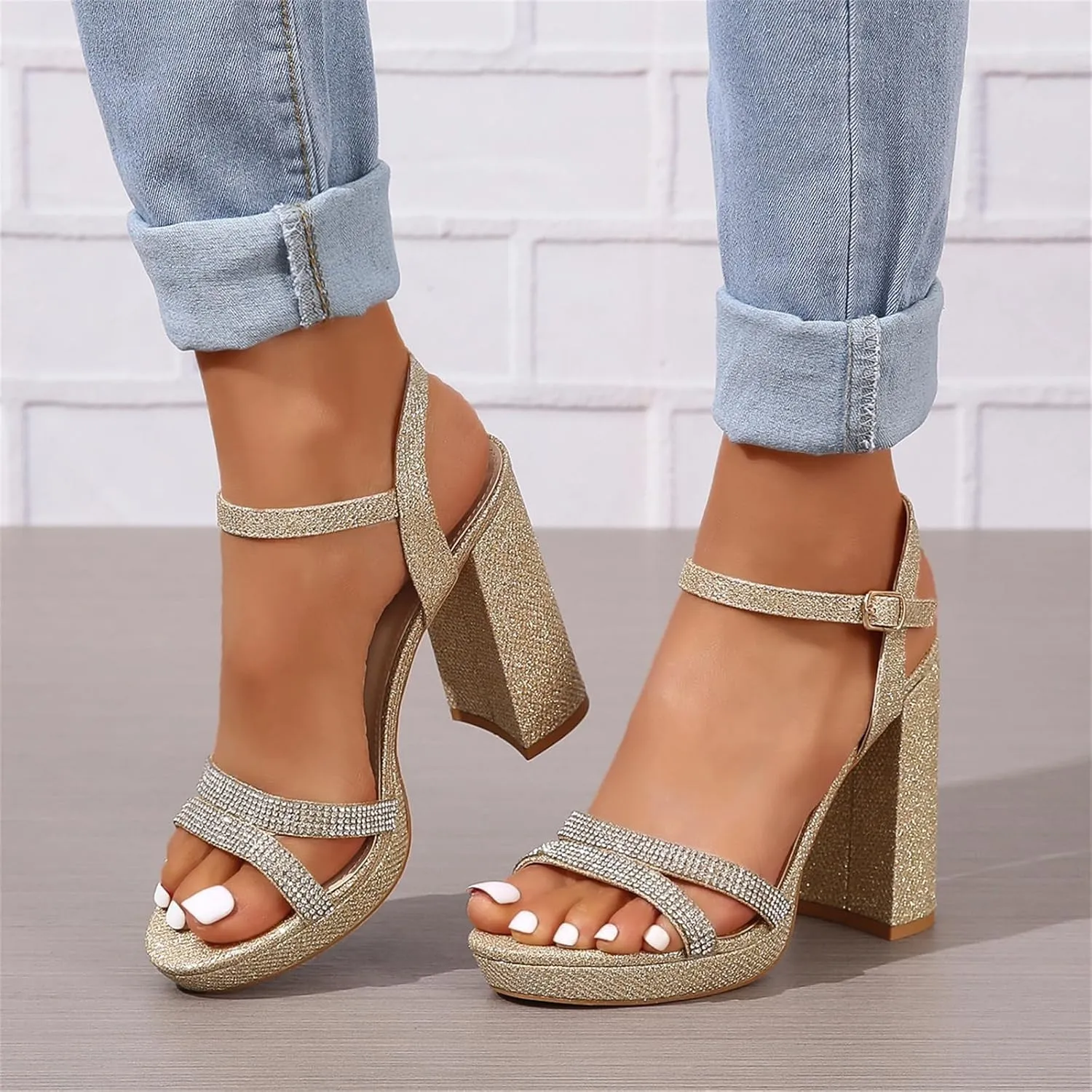 Women's Chunky High Heel Sandal Ankle Strappy Open Toe Dress Shoes Bridesmaid Ladies in Wedding Bridal Evening Homecoming Prom Rhinestones Chunky Heels Sandals
