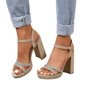 Women's Chunky High Heel Sandal Ankle Strappy Open Toe Dress Shoes Bridesmaid Ladies in Wedding Bridal Evening Homecoming Prom Rhinestones Chunky Heels Sandals