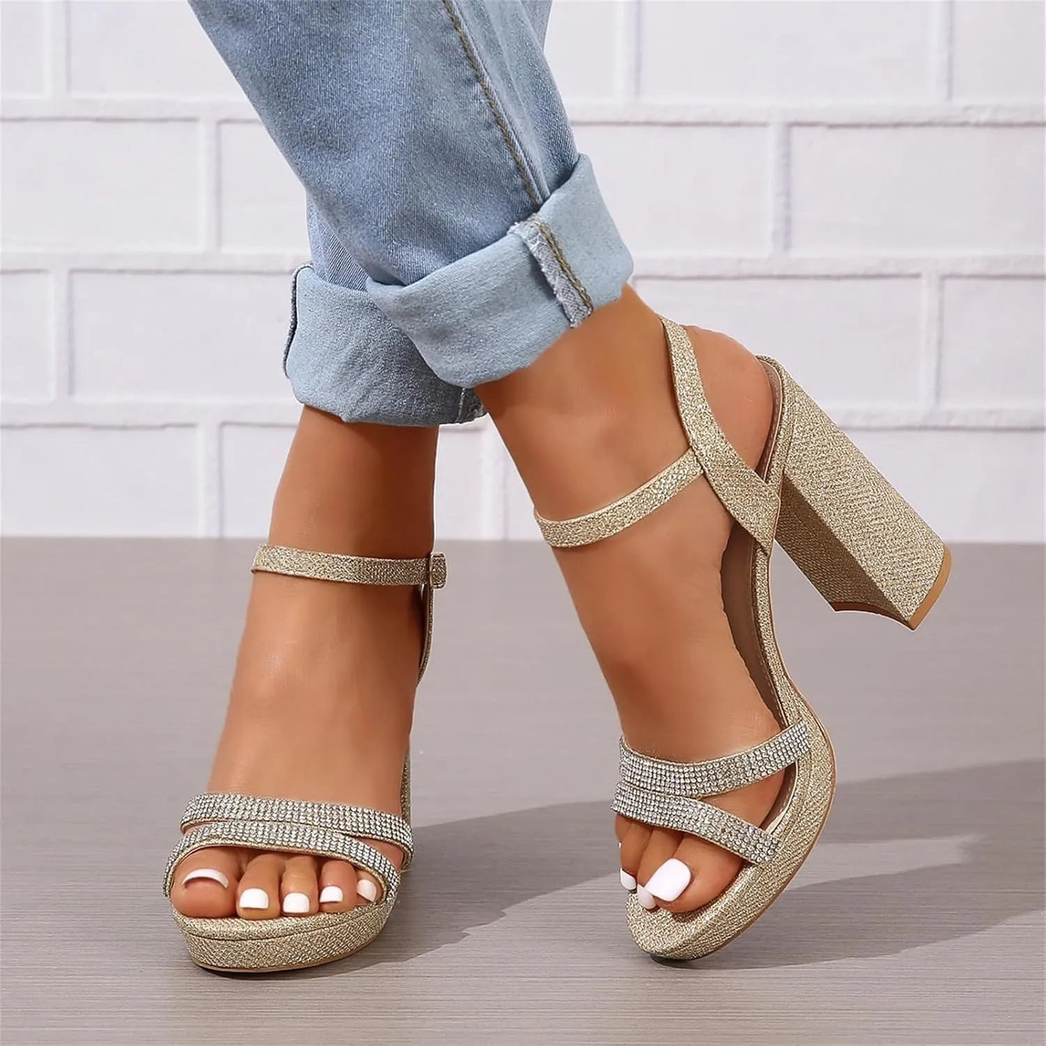 Women's Chunky High Heel Sandal Ankle Strappy Open Toe Dress Shoes Bridesmaid Ladies in Wedding Bridal Evening Homecoming Prom Rhinestones Chunky Heels Sandals