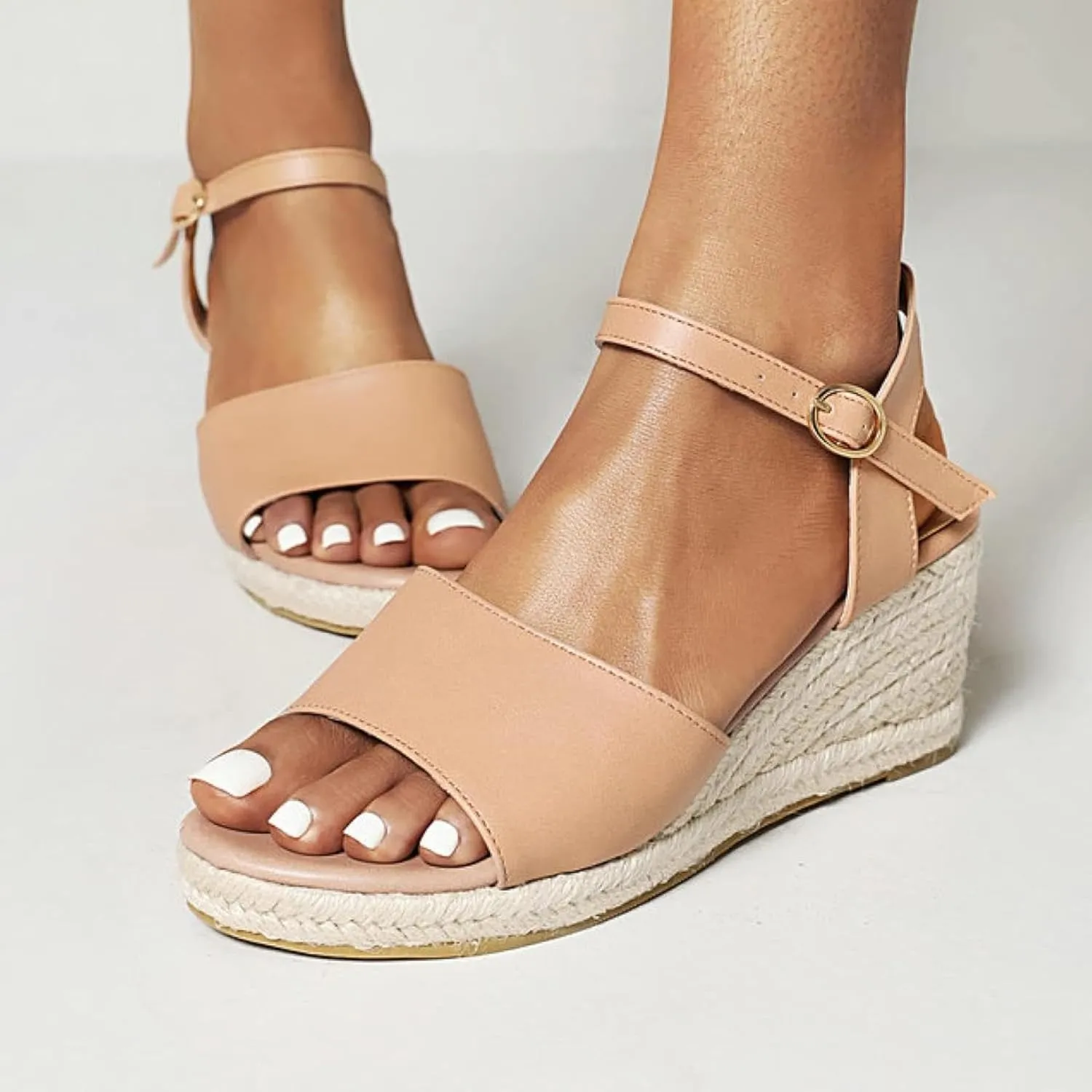 Women's Dress Platform Canvas Sandals Comfortable Open Toed Ankle Strap Low Slope Sandals