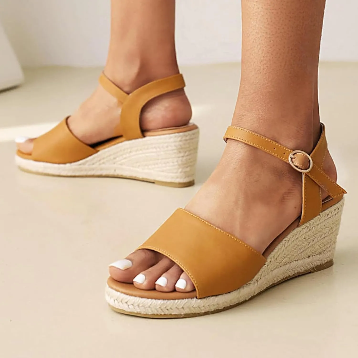 Women's Dress Platform Canvas Sandals Comfortable Open Toed Ankle Strap Low Slope Sandals
