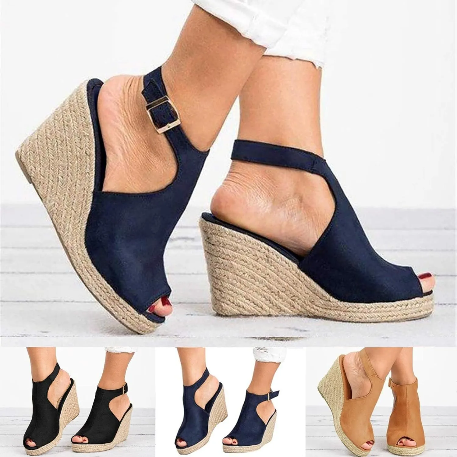 Women's Espadrille Wedge Sandals Open Toe Ankle Strap Buckle Platform Sandals High Heels Sandals Summer Dress Shoes