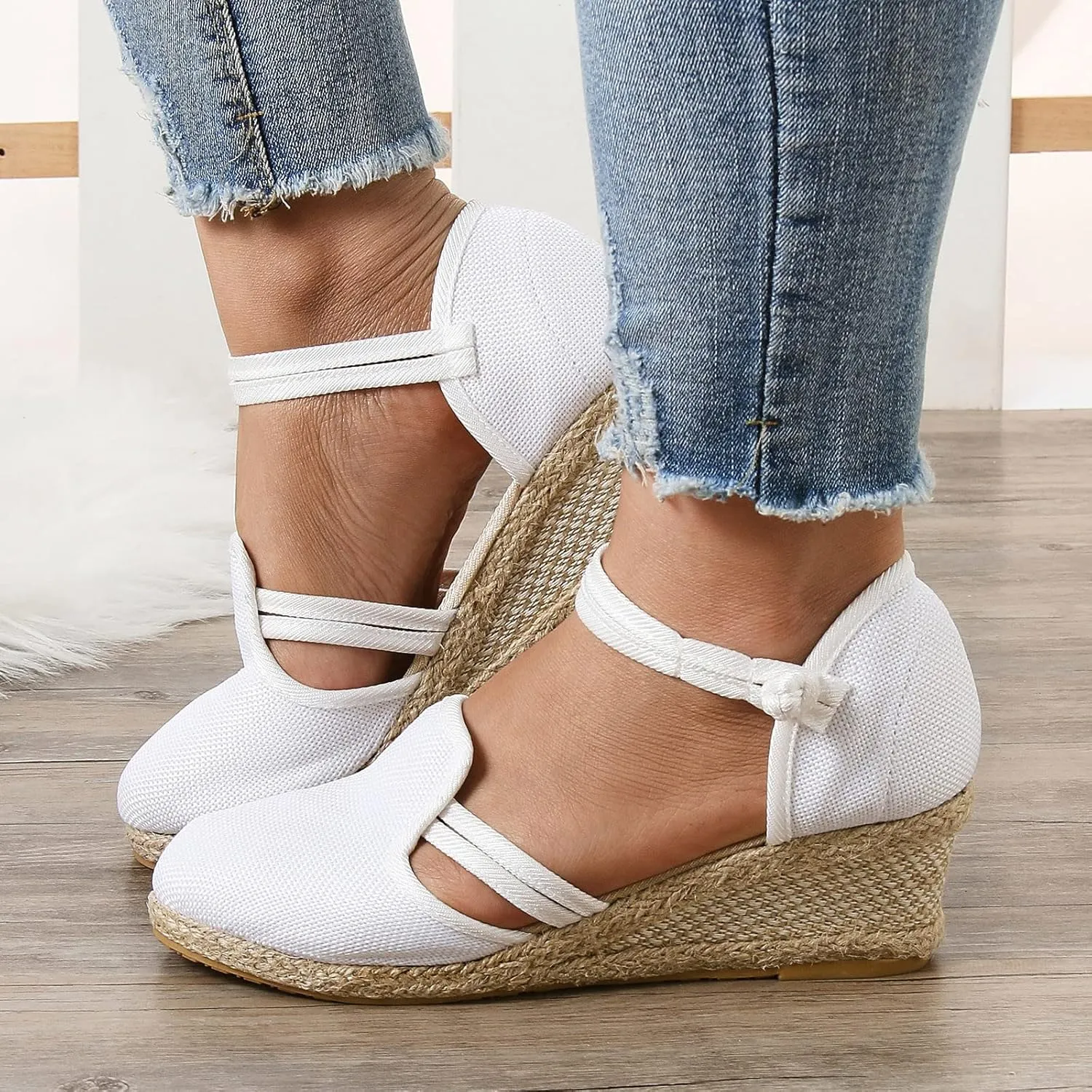 Women's Espadrilles Closed Toe Wedges Sandals for Women Dressy Summer Casual Ankle Strap Comfortable Low Heel Canvas Sandals for Outdoor Summer Beach
