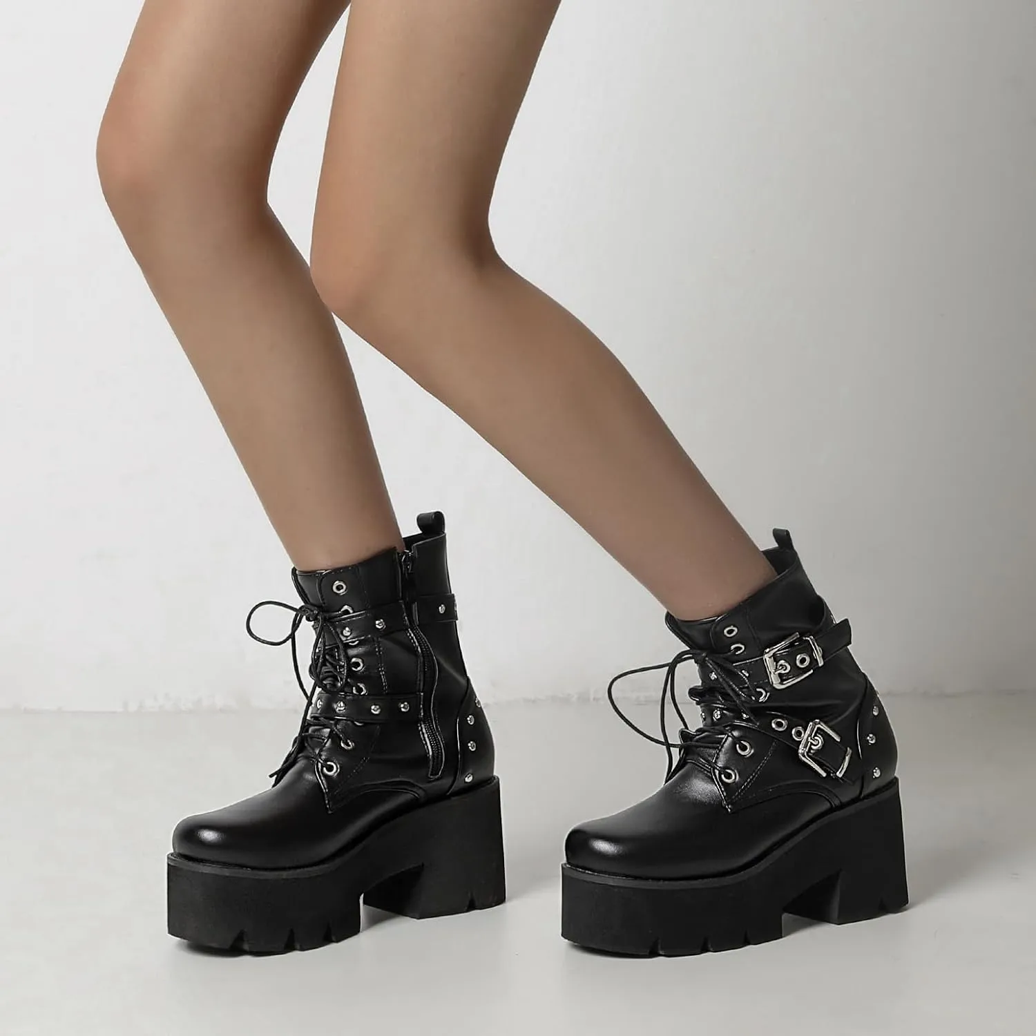 Women's Goth Ankle Boots Platform Combat Boots Lace Up Buckle Punk Chunky High Heels Round Toe Side Zipper Motorcycle Prom Rave Boots