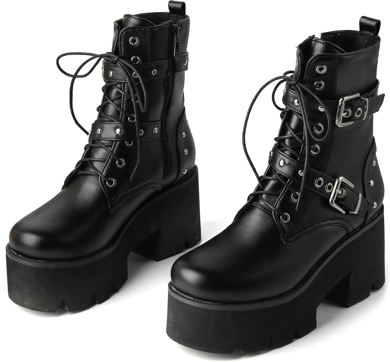 Women's Goth Ankle Boots Platform Combat Boots Lace Up Buckle Punk Chunky High Heels Round Toe Side Zipper Motorcycle Prom Rave Boots