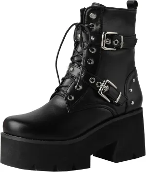 Women's Goth Ankle Boots Platform Combat Boots Lace Up Buckle Punk Chunky High Heels Round Toe Side Zipper Motorcycle Prom Rave Boots