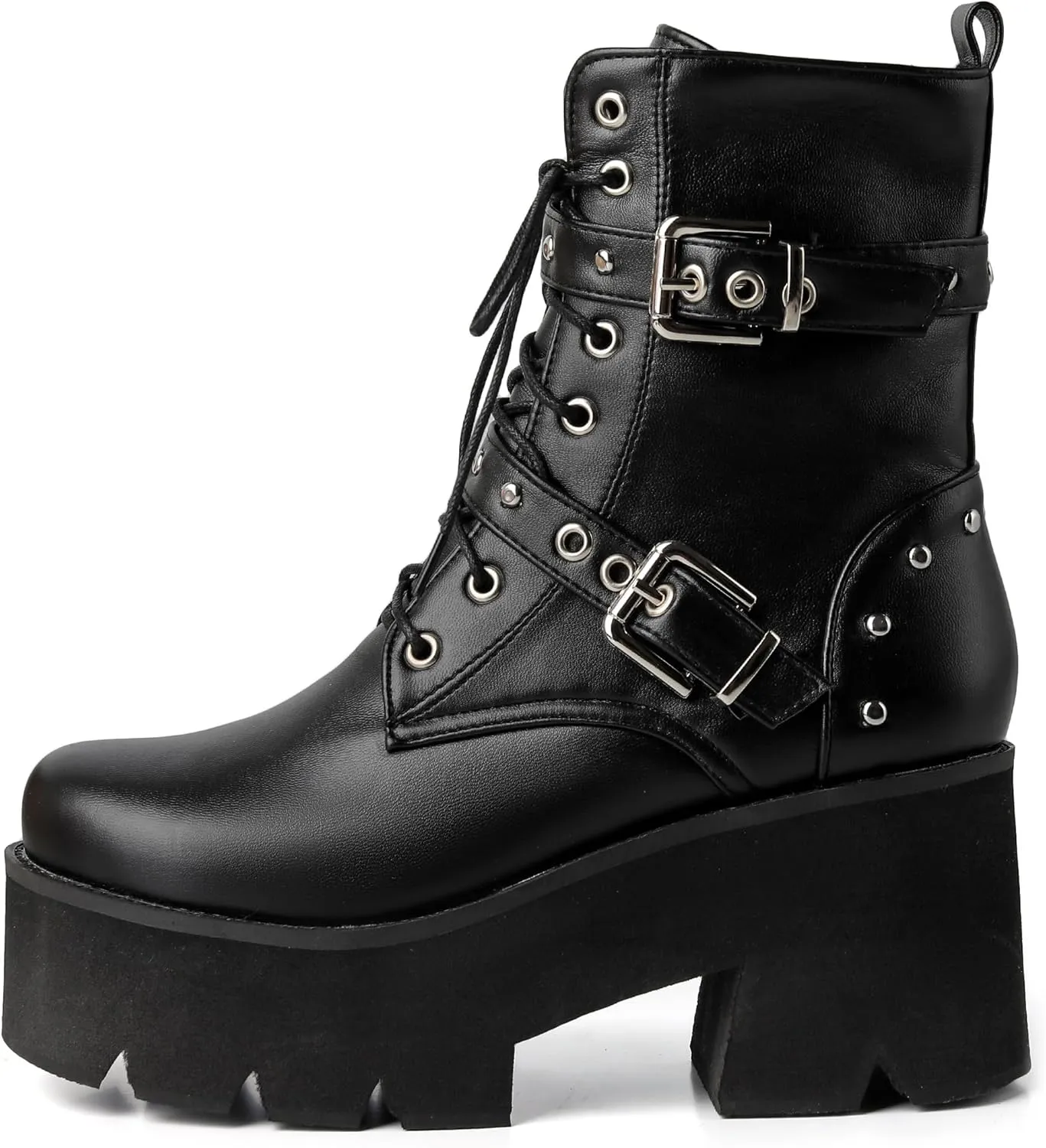 Women's Goth Ankle Boots Platform Combat Boots Lace Up Buckle Punk Chunky High Heels Round Toe Side Zipper Motorcycle Prom Rave Boots