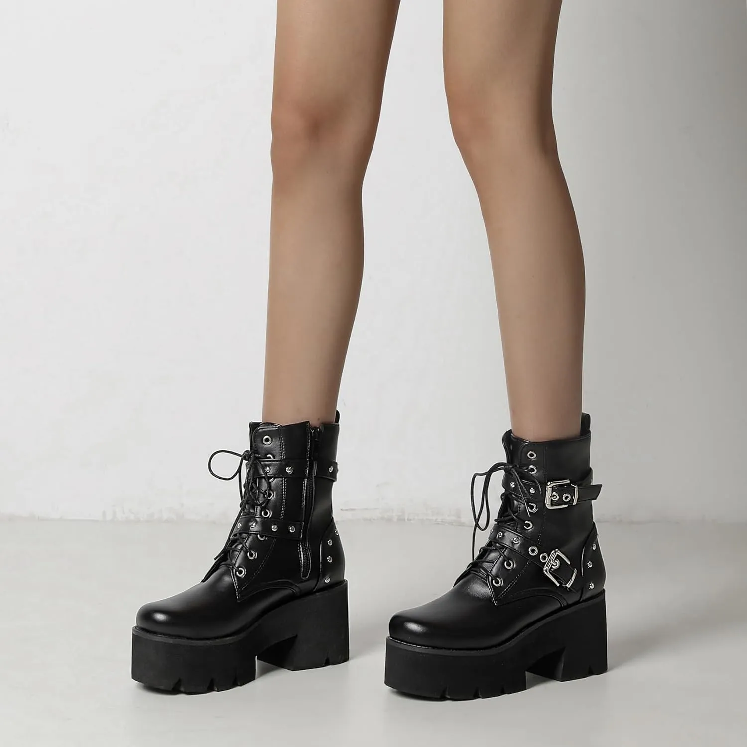 Women's Goth Ankle Boots Platform Combat Boots Lace Up Buckle Punk Chunky High Heels Round Toe Side Zipper Motorcycle Prom Rave Boots