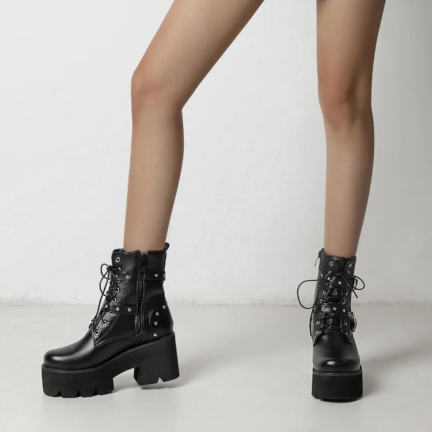 Women's Goth Ankle Boots Platform Combat Boots Lace Up Buckle Punk Chunky High Heels Round Toe Side Zipper Motorcycle Prom Rave Boots