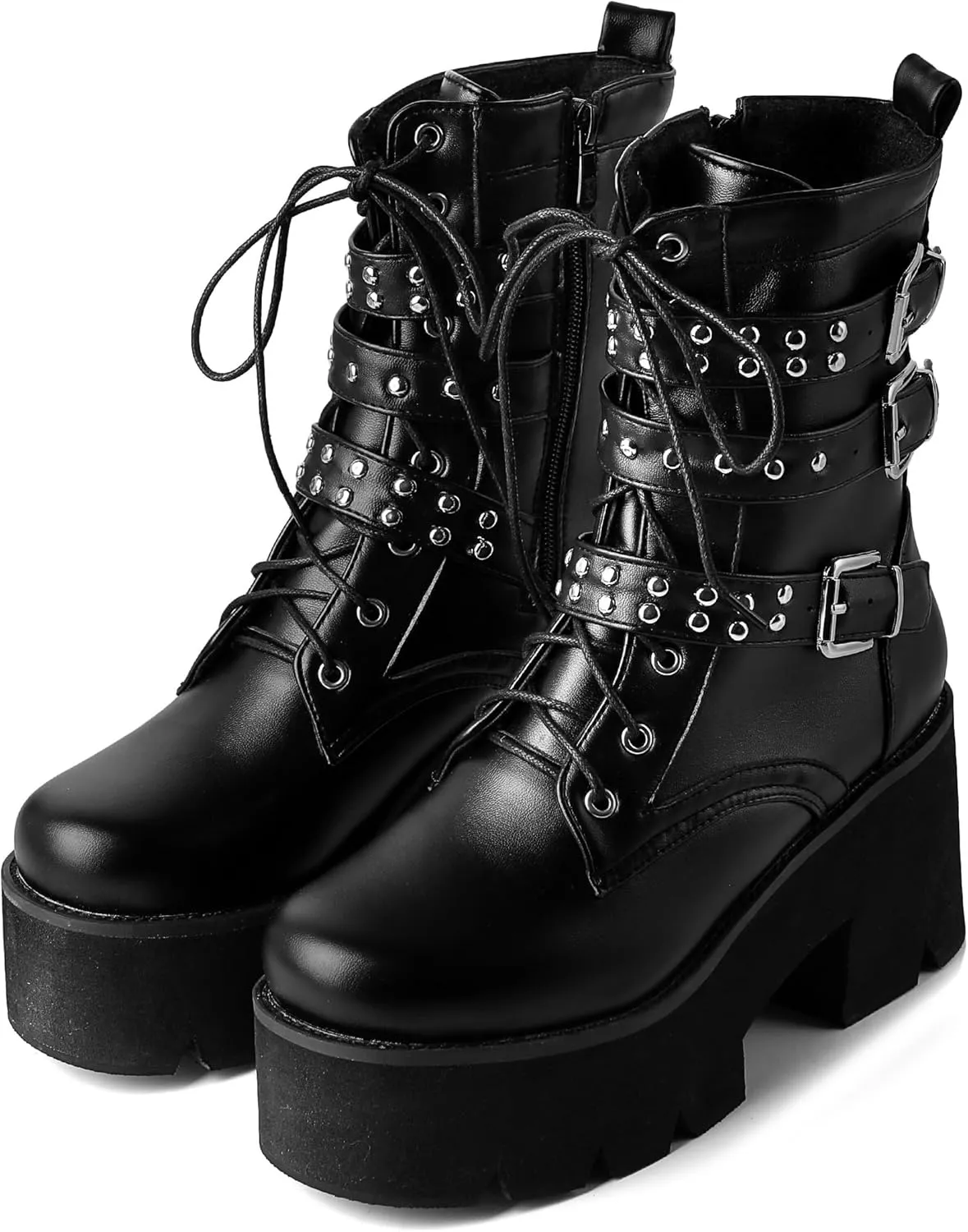 Women's Gothic Platform Boots Punk Buckle Chunky High Heels Ankle Boots Round Toe Lace Up Combat Boots Side Zipper Motorcycle Prom Rave Boots