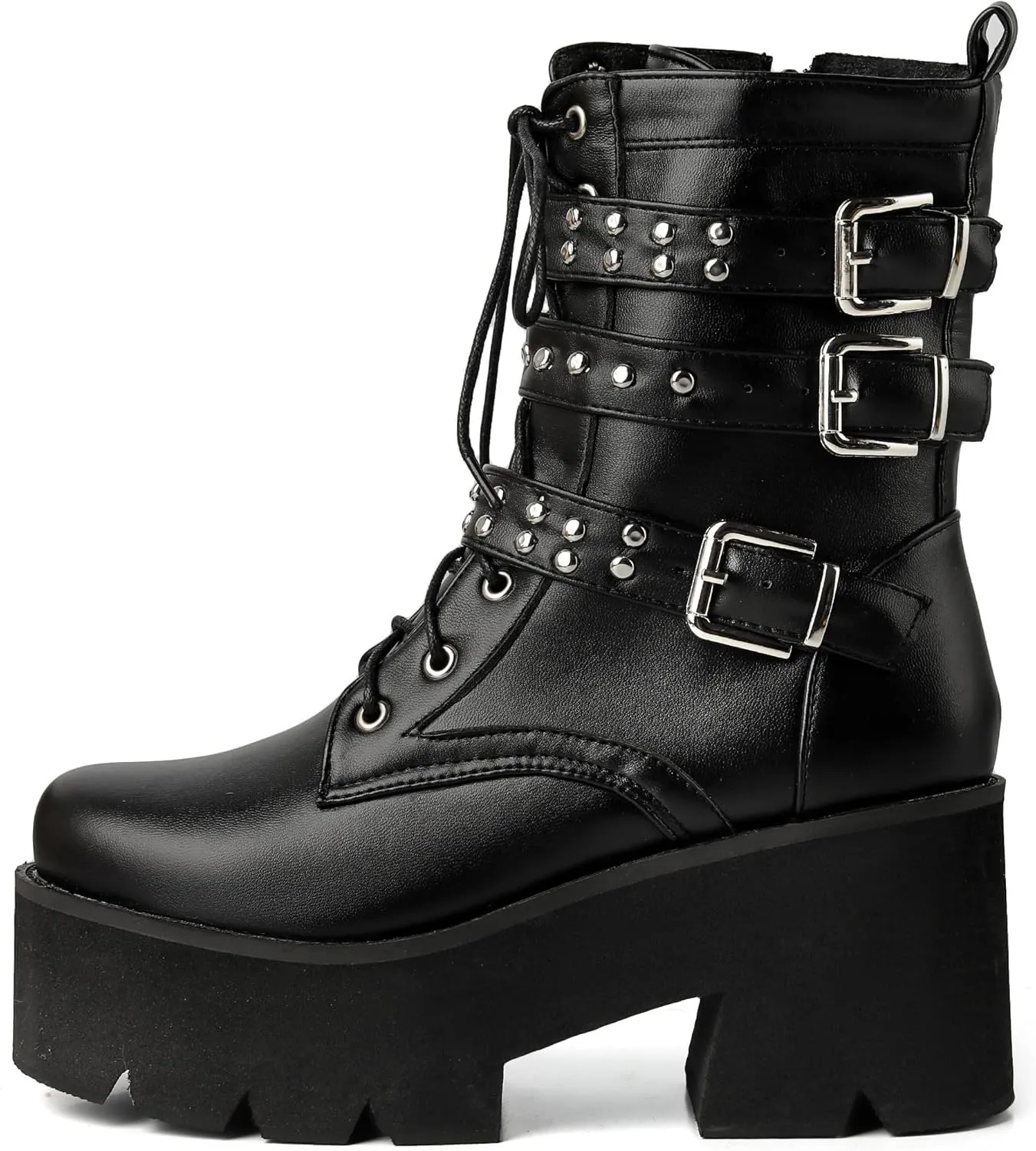 Women's Gothic Platform Boots Punk Buckle Chunky High Heels Ankle Boots Round Toe Lace Up Combat Boots Side Zipper Motorcycle Prom Rave Boots