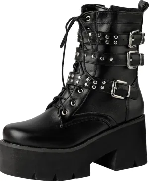 Women's Gothic Platform Boots Punk Buckle Chunky High Heels Ankle Boots Round Toe Lace Up Combat Boots Side Zipper Motorcycle Prom Rave Boots