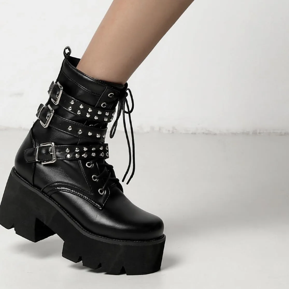 Women's Gothic Platform Boots Punk Buckle Chunky High Heels Ankle Boots Round Toe Lace Up Combat Boots Side Zipper Motorcycle Prom Rave Boots
