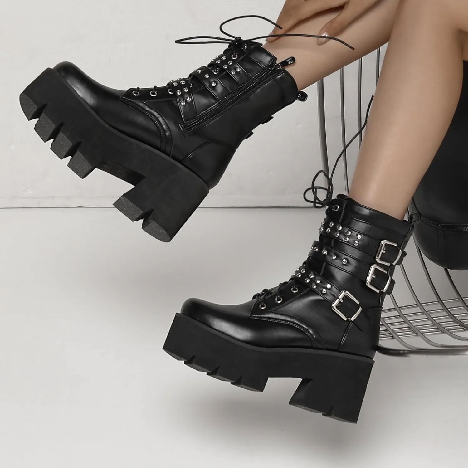 Women's Gothic Platform Boots Punk Buckle Chunky High Heels Ankle Boots Round Toe Lace Up Combat Boots Side Zipper Motorcycle Prom Rave Boots