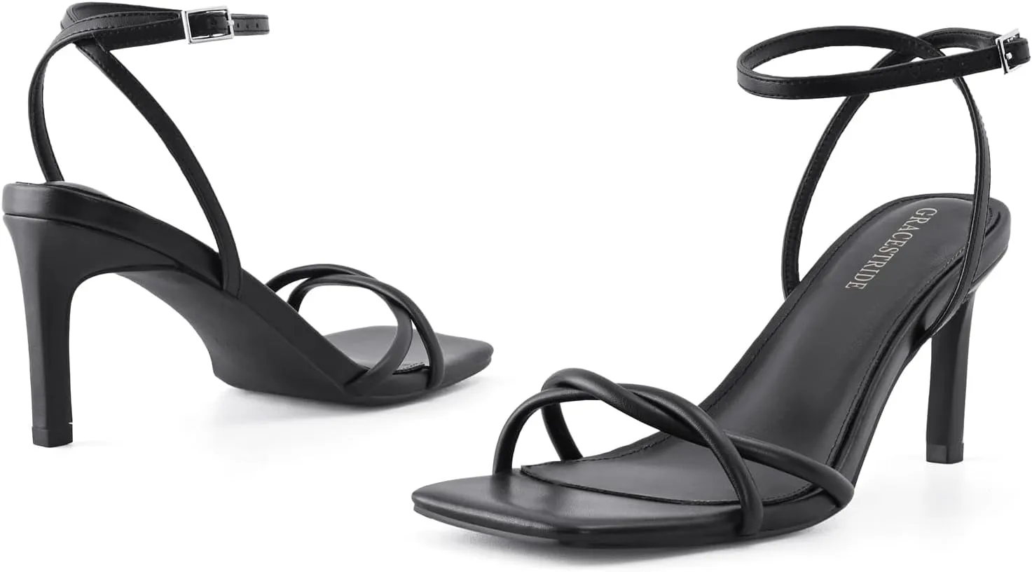 Womens Heeled Sandals Strappy Stilettos Square Open Toe Heels Ankle Strap Comfort Dress Wedding Party Shoes