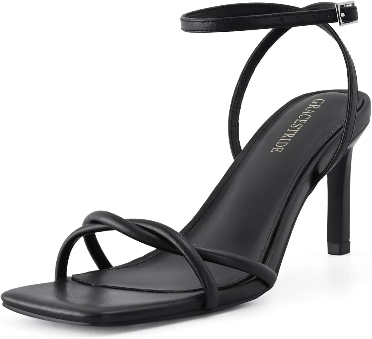 Womens Heeled Sandals Strappy Stilettos Square Open Toe Heels Ankle Strap Comfort Dress Wedding Party Shoes