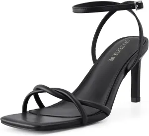 Womens Heeled Sandals Strappy Stilettos Square Open Toe Heels Ankle Strap Comfort Dress Wedding Party Shoes