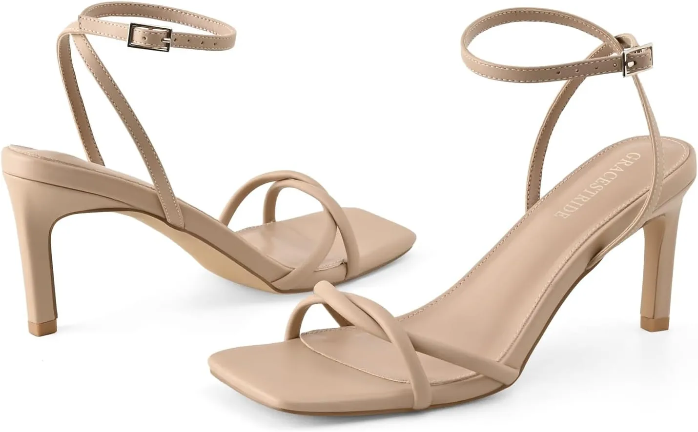 Womens Heeled Sandals Strappy Stilettos Square Open Toe Heels Ankle Strap Comfort Dress Wedding Party Shoes