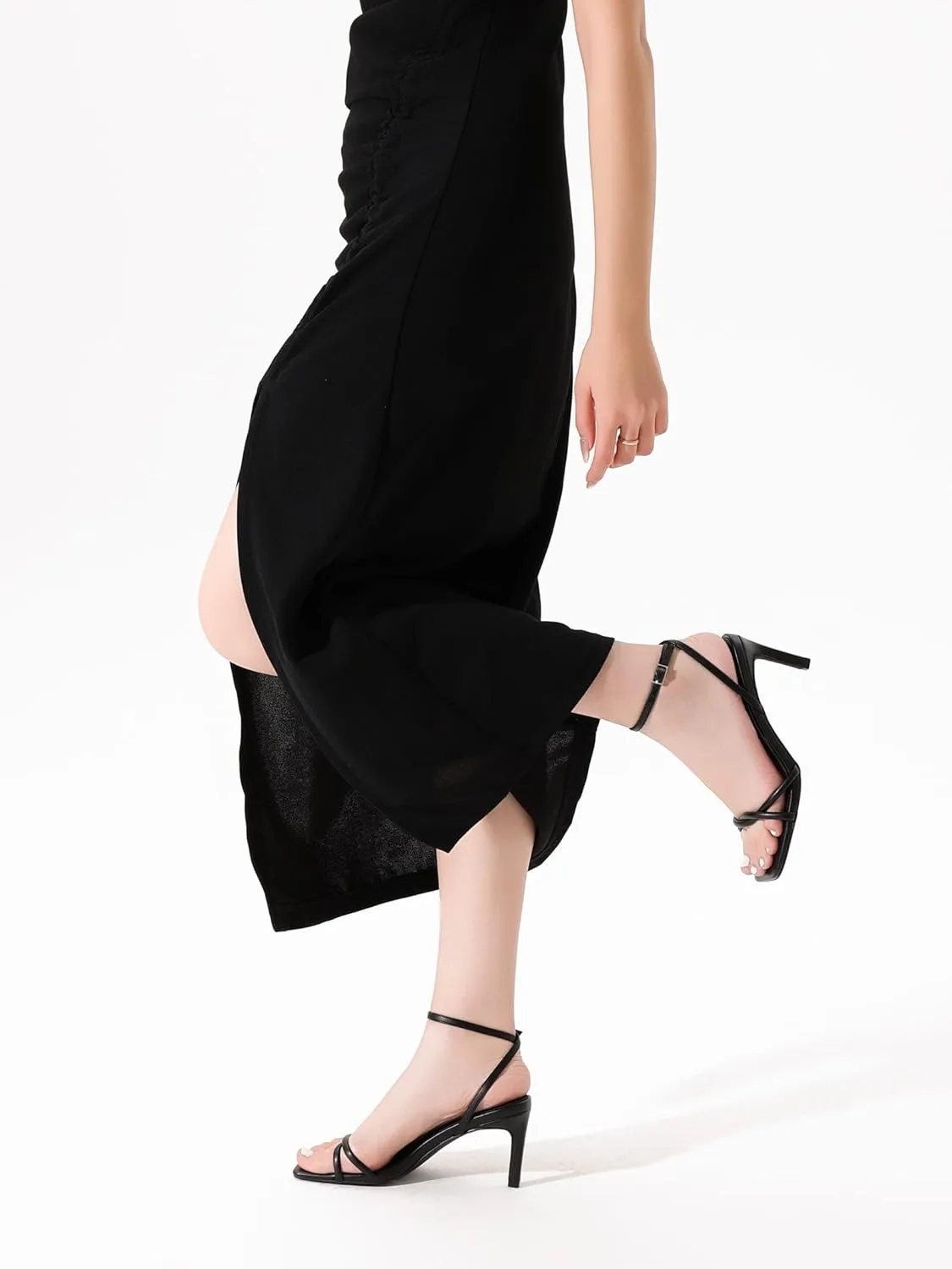 Womens Heeled Sandals Strappy Stilettos Square Open Toe Heels Ankle Strap Comfort Dress Wedding Party Shoes