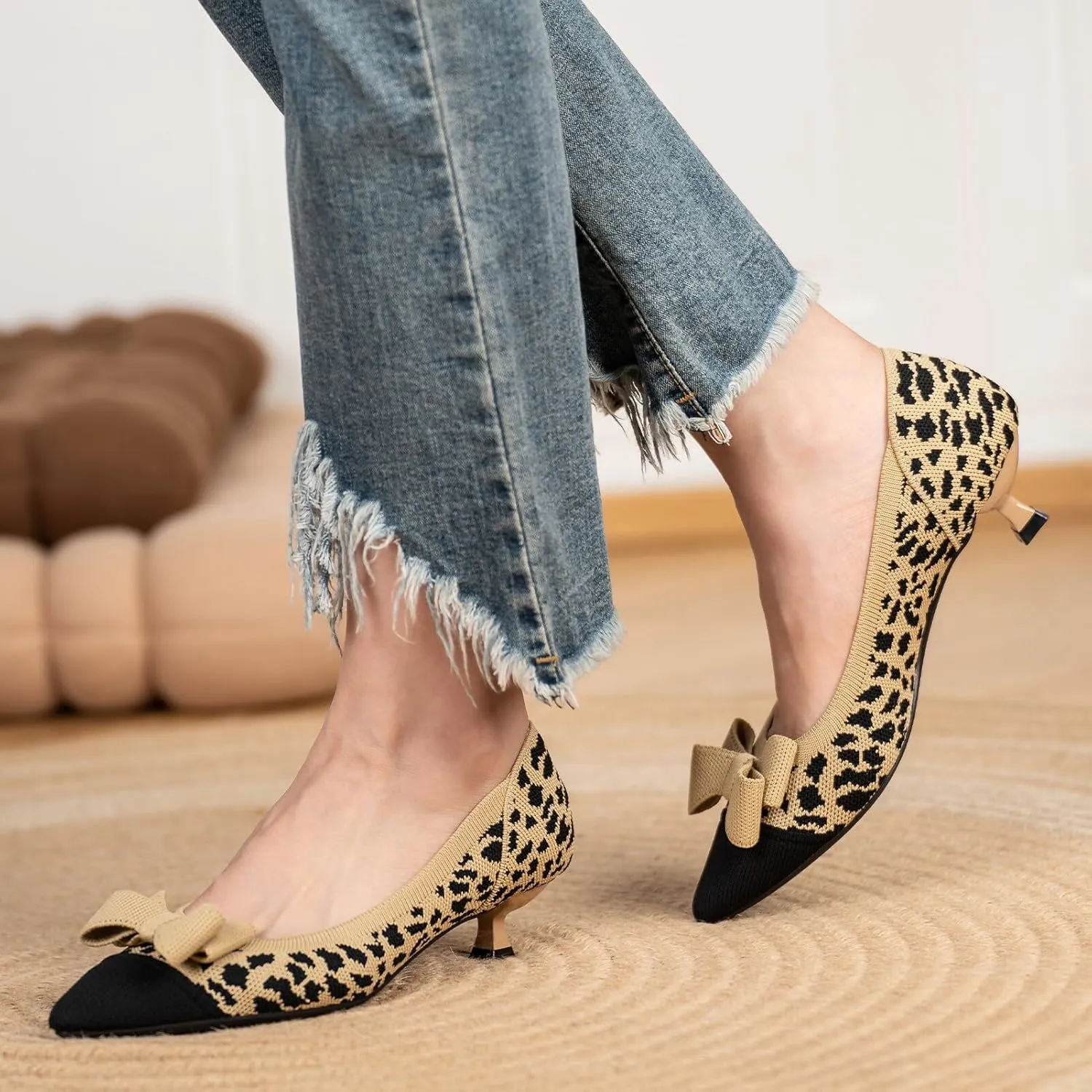 Womens Kitten Heels Pumps Shoes Comfortable Knit Closed Toe Heels for Women Work Office Casual Wedding Dressy