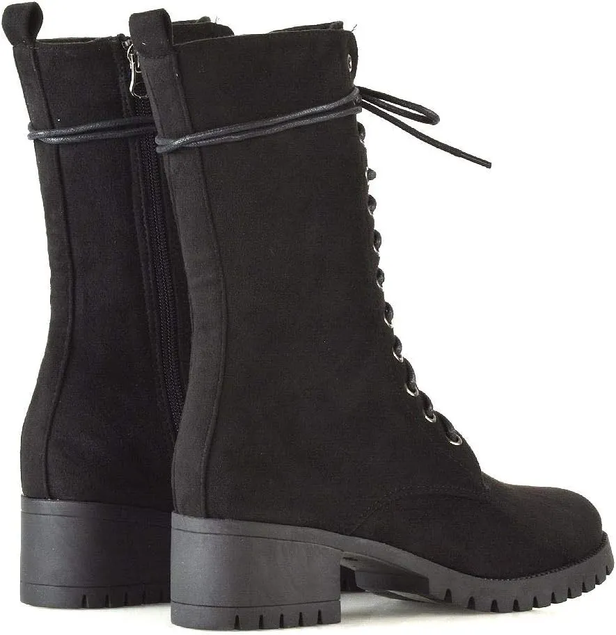 Womens Lace Up Boots Military Chunky Sole Zip Combat Booties