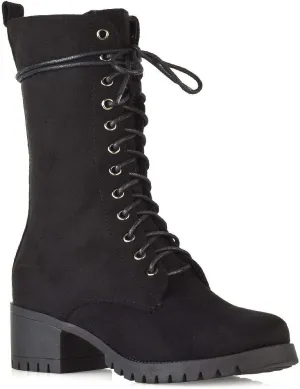 Womens Lace Up Boots Military Chunky Sole Zip Combat Booties
