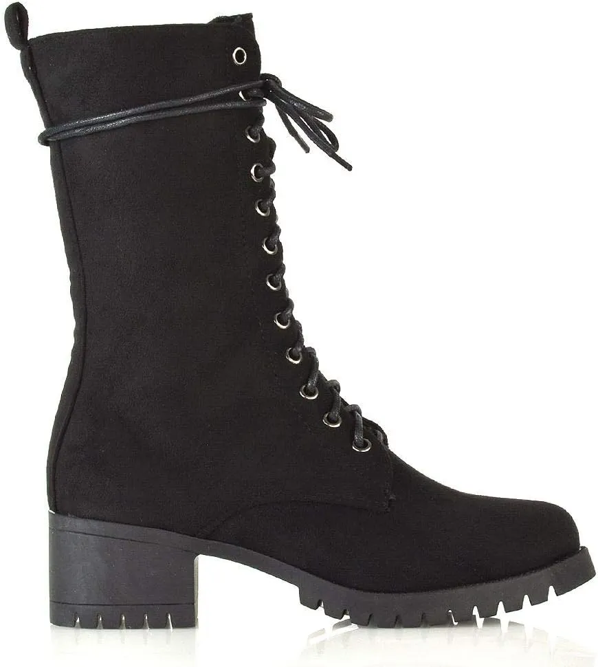 Womens Lace Up Boots Military Chunky Sole Zip Combat Booties
