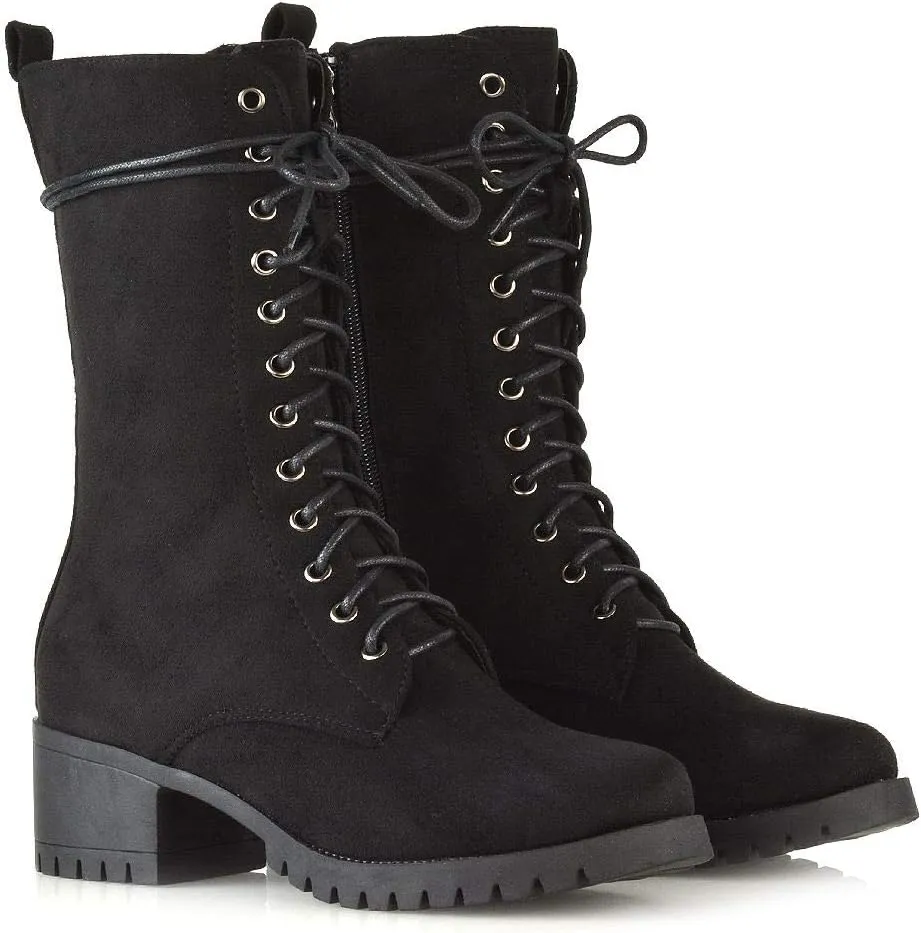 Womens Lace Up Boots Military Chunky Sole Zip Combat Booties