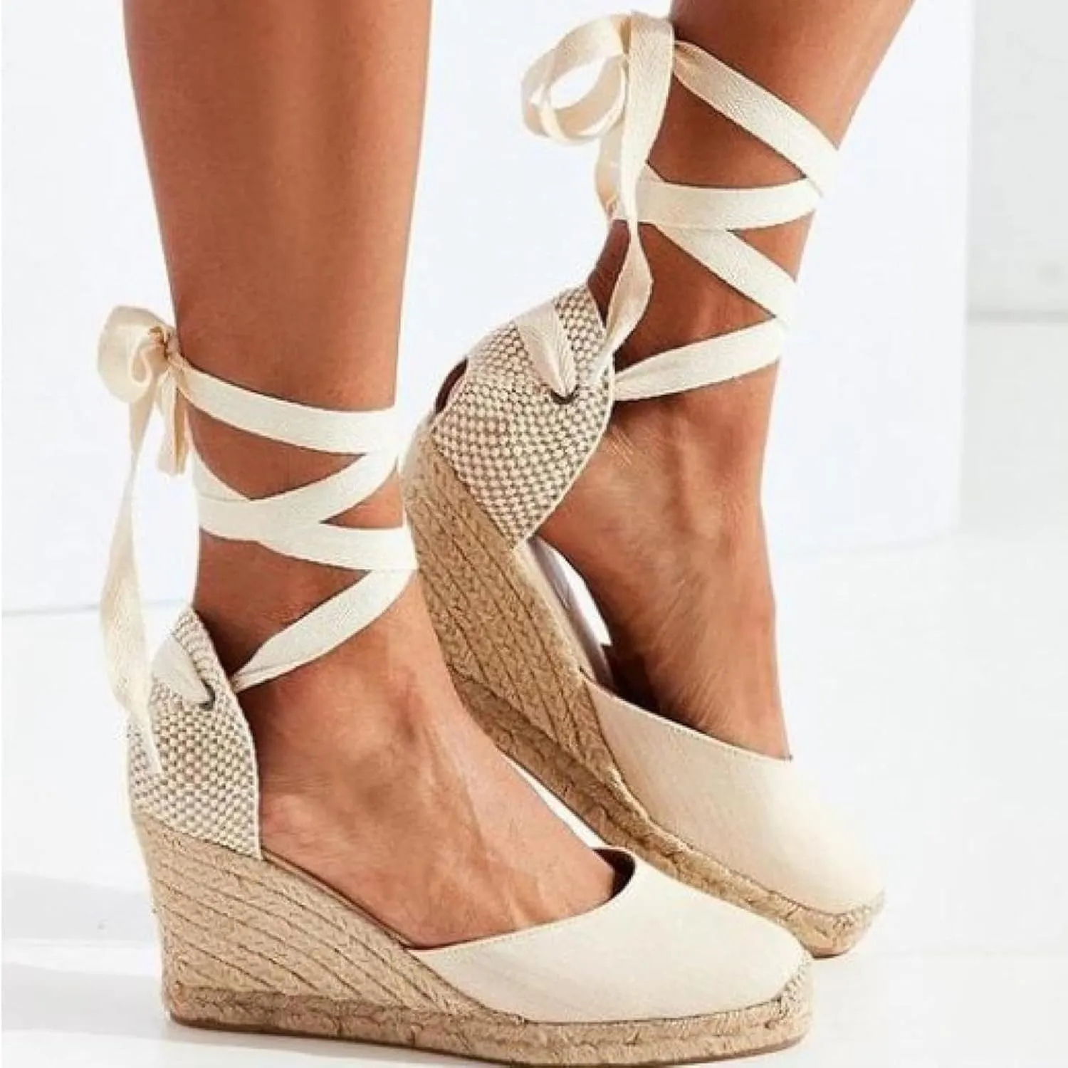 Women's Lace up Canvas Shoes Platform Wedge Sandals High Heels Closed Toe Summer Formal Shoes