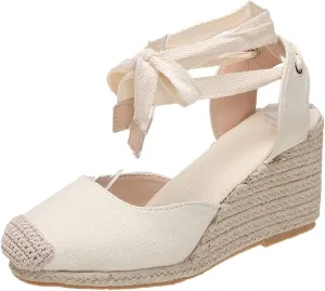 Women's Lace up Canvas Shoes Platform Wedge Sandals High Heels Closed Toe Summer Formal Shoes