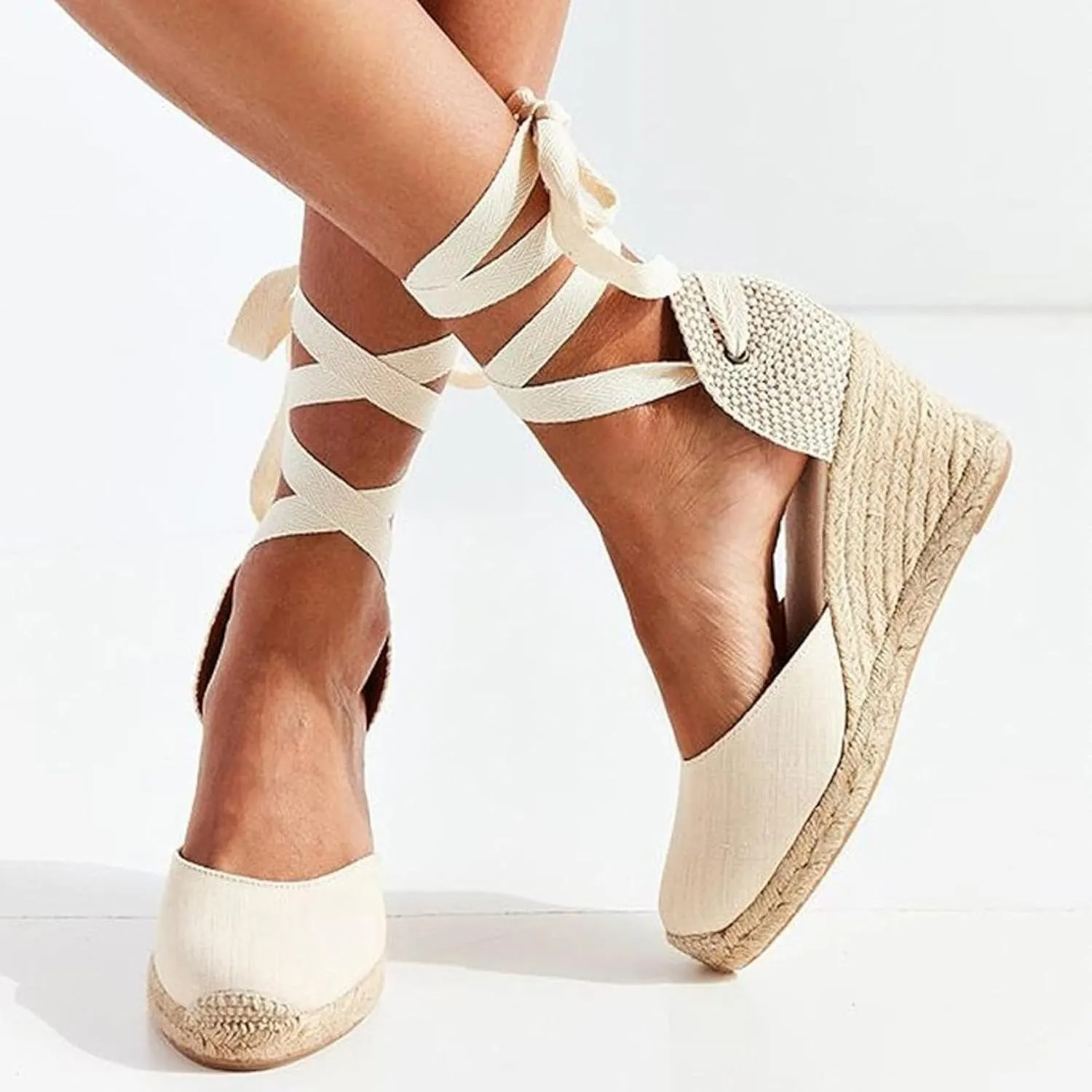 Women's Lace up Canvas Shoes Platform Wedge Sandals High Heels Closed Toe Summer Formal Shoes