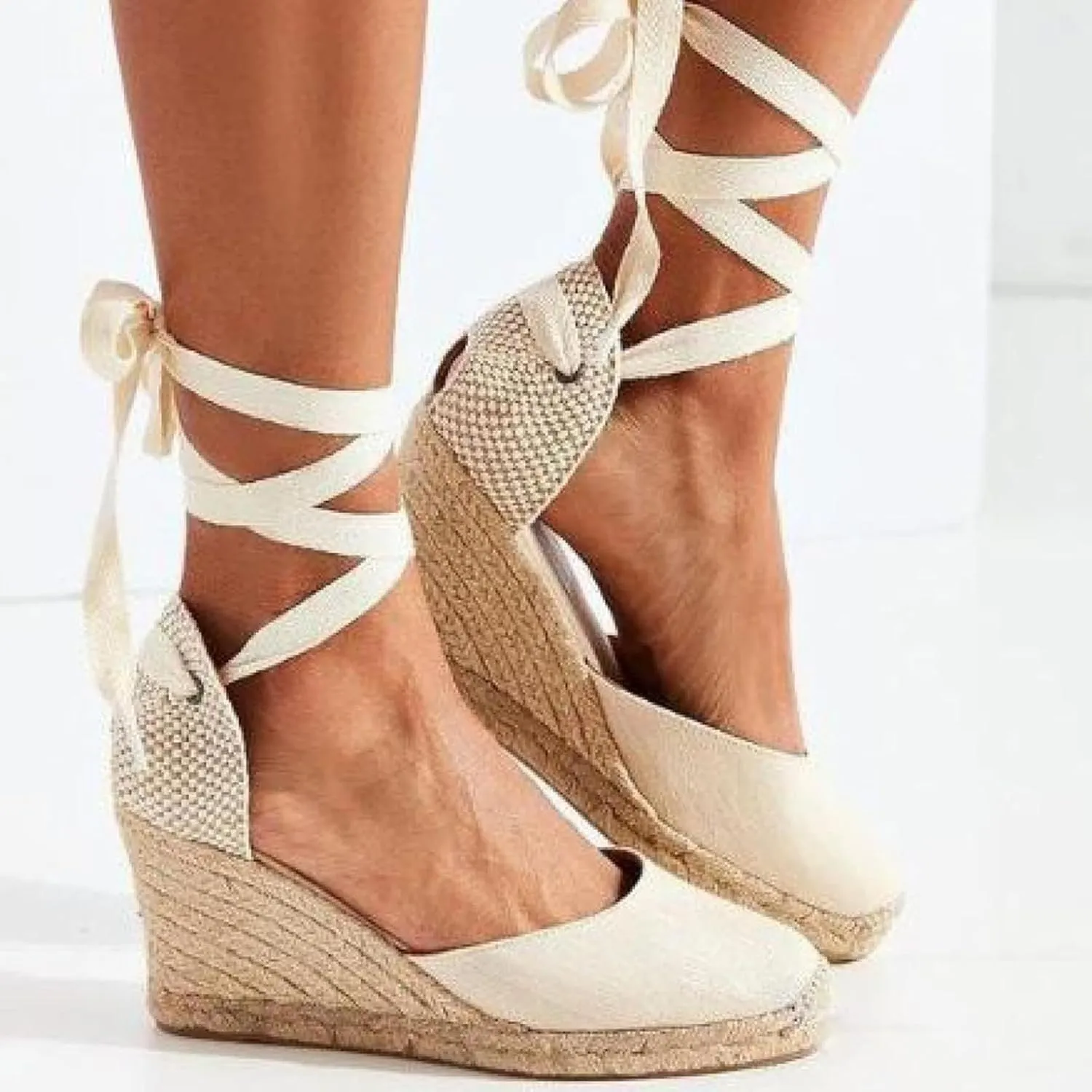 Women's Lace up Canvas Shoes Platform Wedge Sandals High Heels Closed Toe Summer Formal Shoes