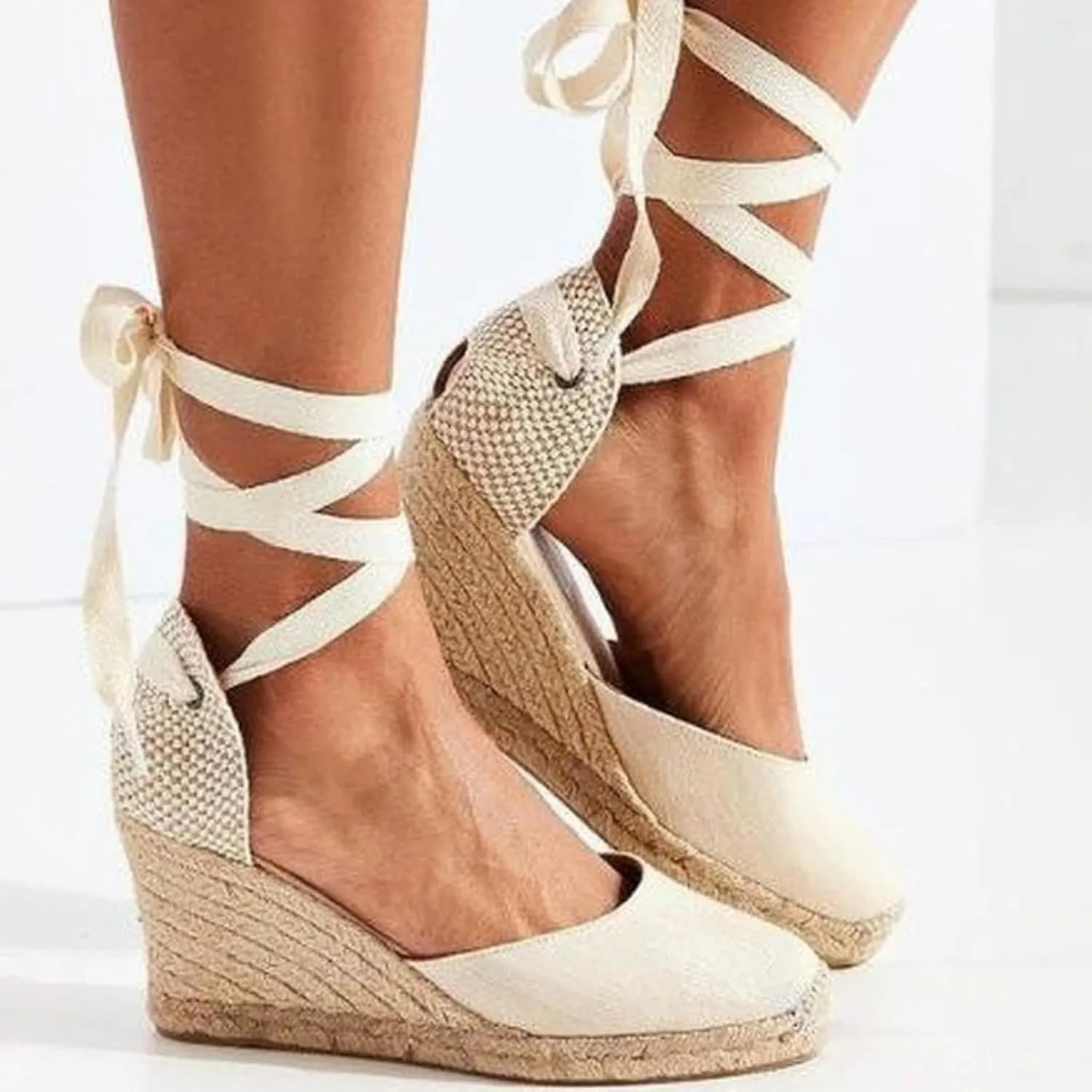 Women's Lace up Canvas Shoes Platform Wedge Sandals High Heels Closed Toe Summer Formal Shoes