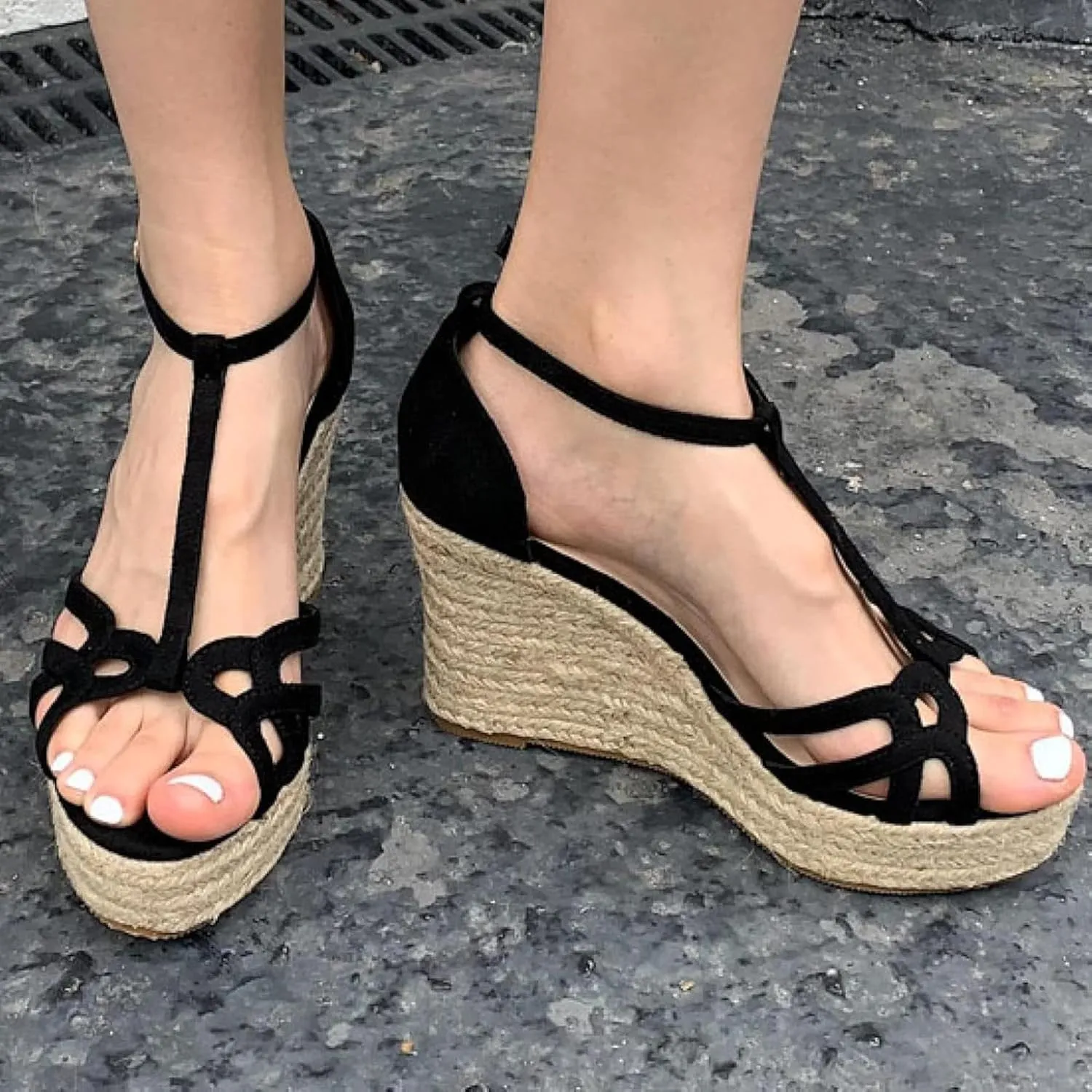 Women's Lace up Open Toe High-heeled Thick Soled Dress Shoes Ankle T-shaped Wedge Sandals Suitable for Parties