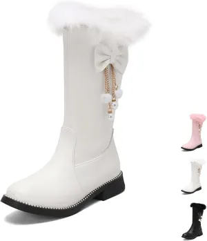 Women's Leather Fur Lined Mid Calf Boots with Bow Pearl Tassel Decor Fashion Winter Warm Round-Toe Side Zipper Flat Cute Casual Boots