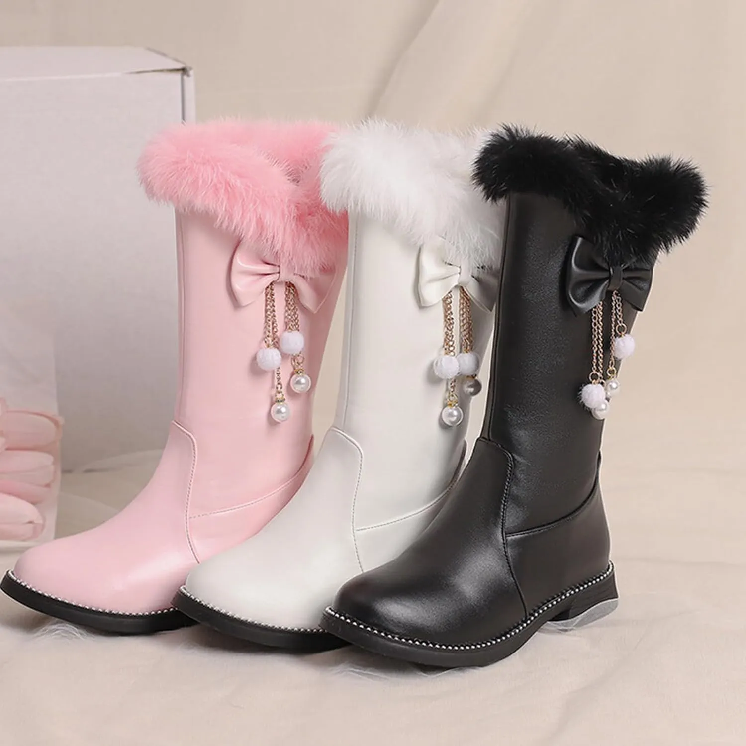 Women's Leather Fur Lined Mid Calf Boots with Bow Pearl Tassel Decor Fashion Winter Warm Round-Toe Side Zipper Flat Cute Casual Boots