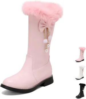 Women's Leather Fur Lined Mid Calf Boots with Bow Pearl Tassel Decor Fashion Winter Warm Round-Toe Side Zipper Flat Cute Casual Boots