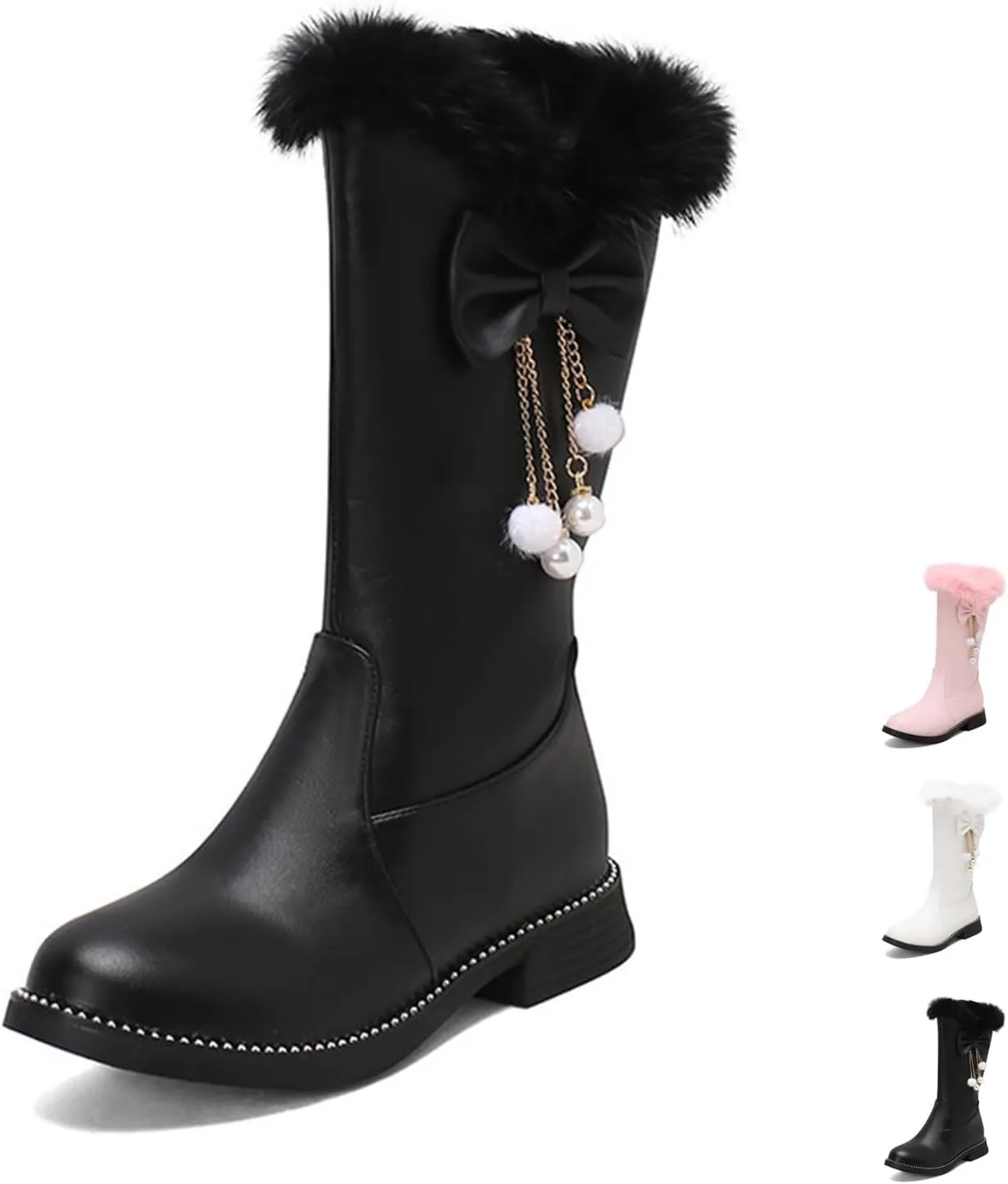 Women's Leather Fur Lined Mid Calf Boots with Bow Pearl Tassel Decor Fashion Winter Warm Round-Toe Side Zipper Flat Cute Casual Boots