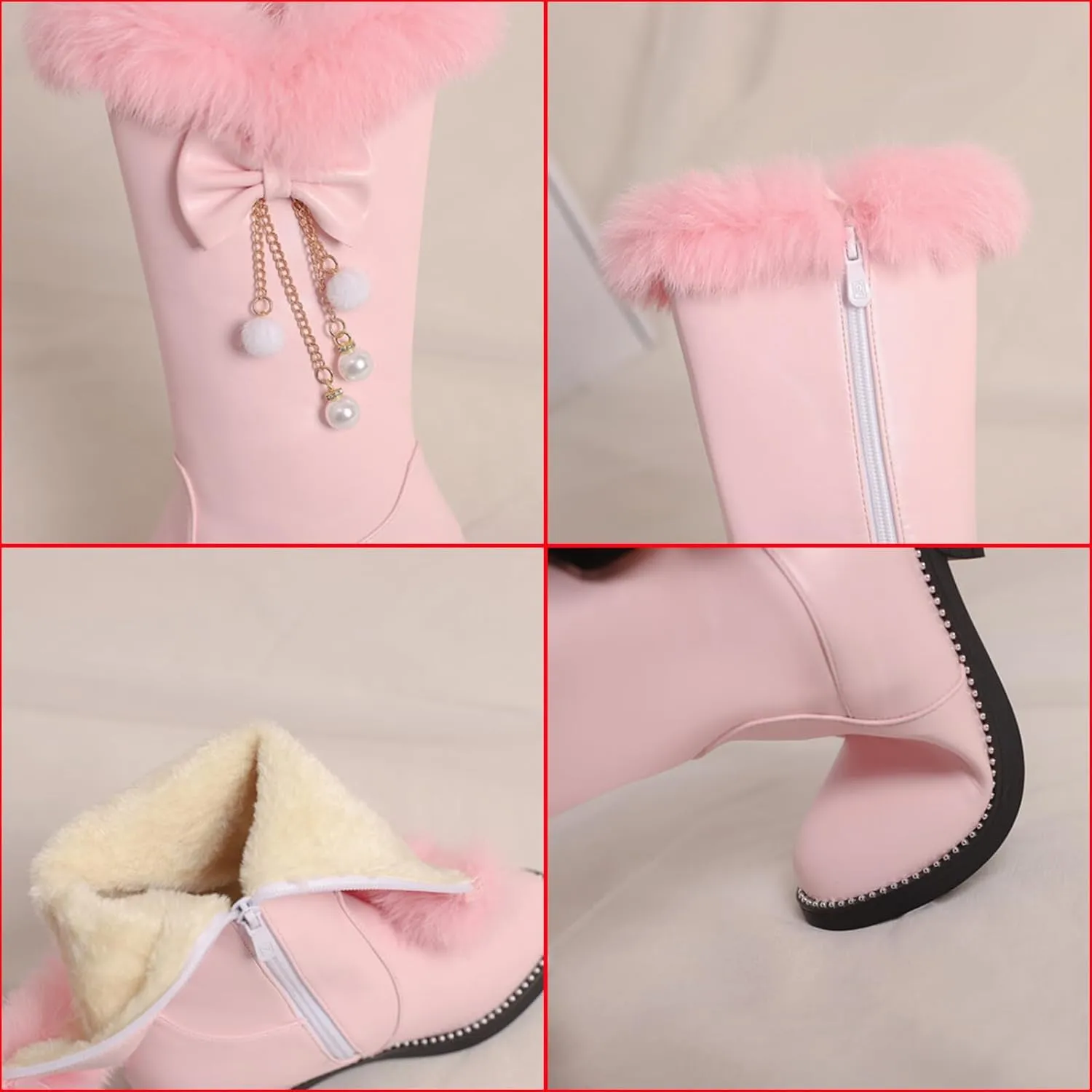 Women's Leather Fur Lined Mid Calf Boots with Bow Pearl Tassel Decor Fashion Winter Warm Round-Toe Side Zipper Flat Cute Casual Boots
