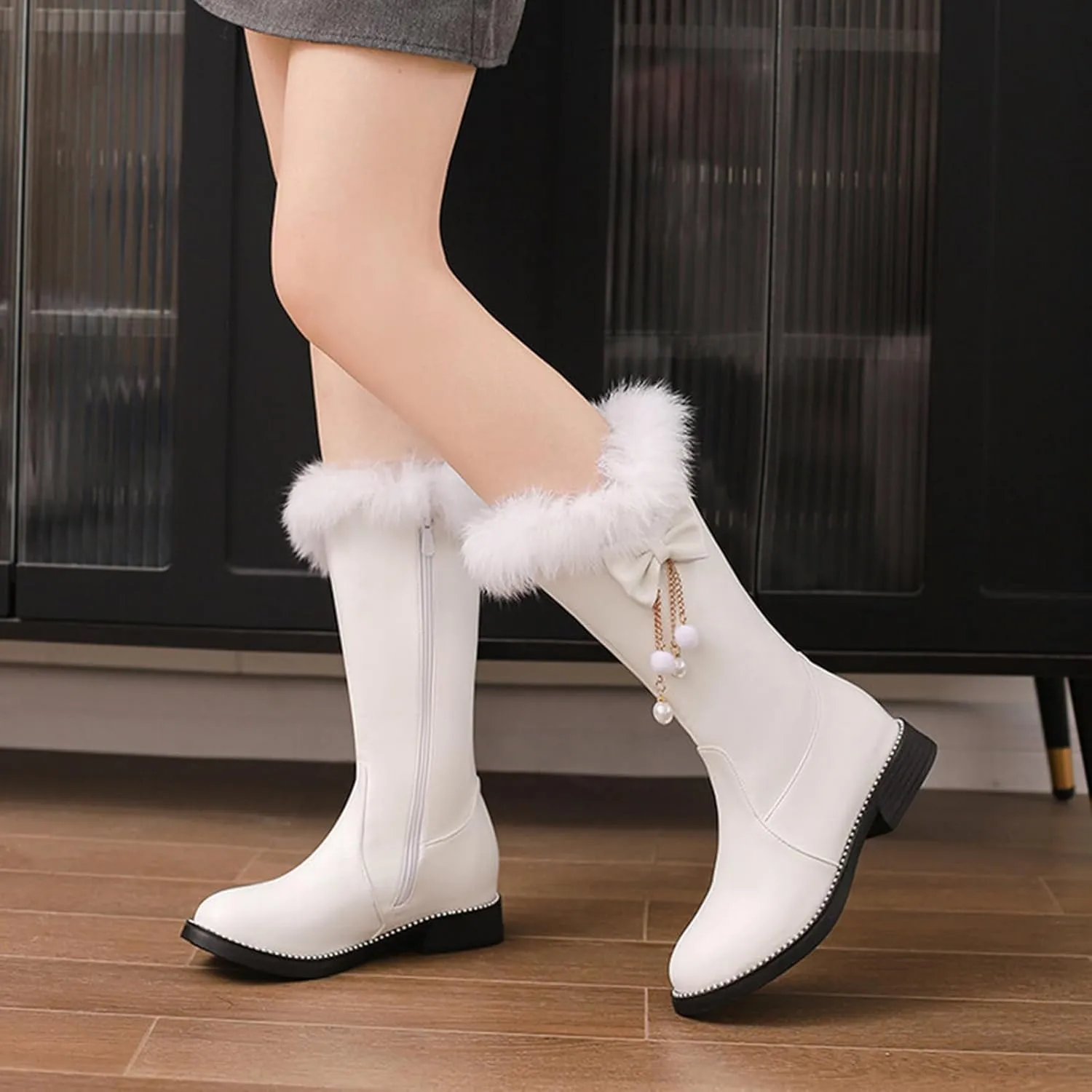Women's Leather Fur Lined Mid Calf Boots with Bow Pearl Tassel Decor Fashion Winter Warm Round-Toe Side Zipper Flat Cute Casual Boots